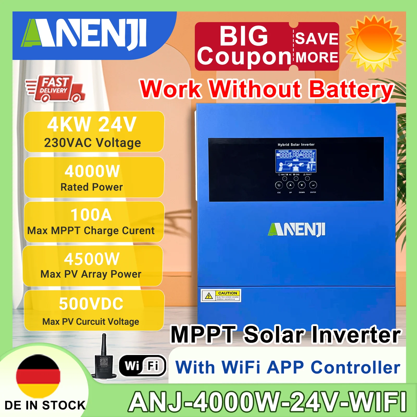 4KW Solar Inverter Hybrid Off Grid 230V MPPT 100A PV 500VDC Pure Sine Wave Solar Controller With WIFI Support BMS