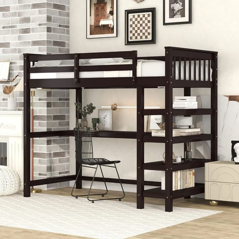 

Twin Size Wood Loft Bed with Desk, 4 Shelves and Bookcase for Dorms, Suitable for Boys, Girls, Teens, and Kids