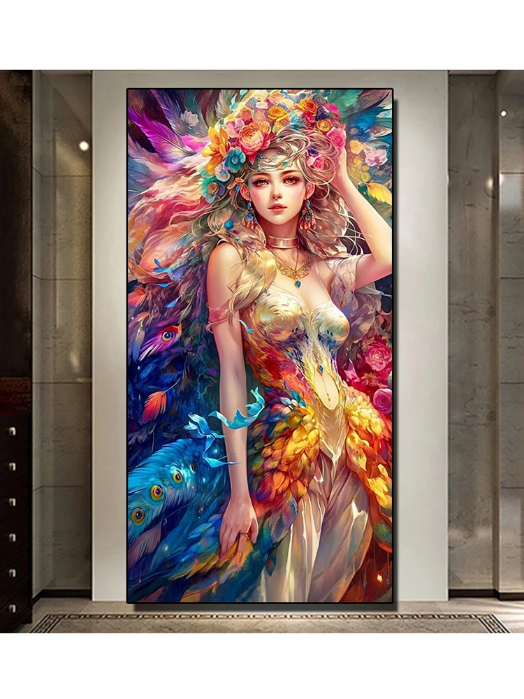 Large Peacock Feathers Woman Diamond Painting New 2023 5d DIY Full Diamond Mosaic Crystal Embroidery Home Decoration H440