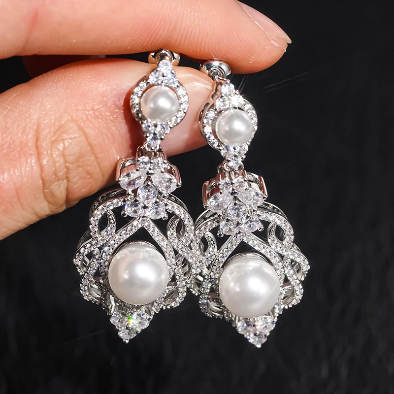 Huitan Royal Sparkling Cubic Zirconia Drop Earrings for Women Gentle Wedding Engagement Bridal Aesthetic Imitation Pearl Jewelry