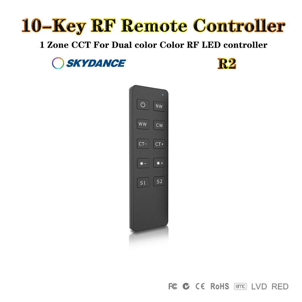 Skydance R1/R2/RU4/RU8 1-8 Zone Dimming 10-Key RF Wireless Remote Controller For Single Color Or Dual Color LED Controller