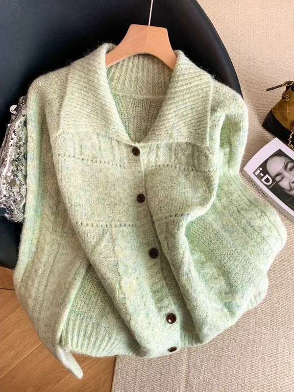 

Mint Green Knitted Cardigan Women's Loose Fit Shoulder Length Sweater Outerwear Spring New Style plus Size Comfortable Knitwear