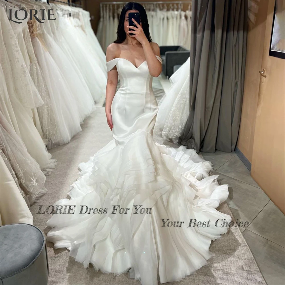 LORIE Luxry Elegant Mermaid Wedding Dresses Off Shoulder Backless Sleeveless Bridal Gowns Tiered Ruffles Solid Bride Dress 2024