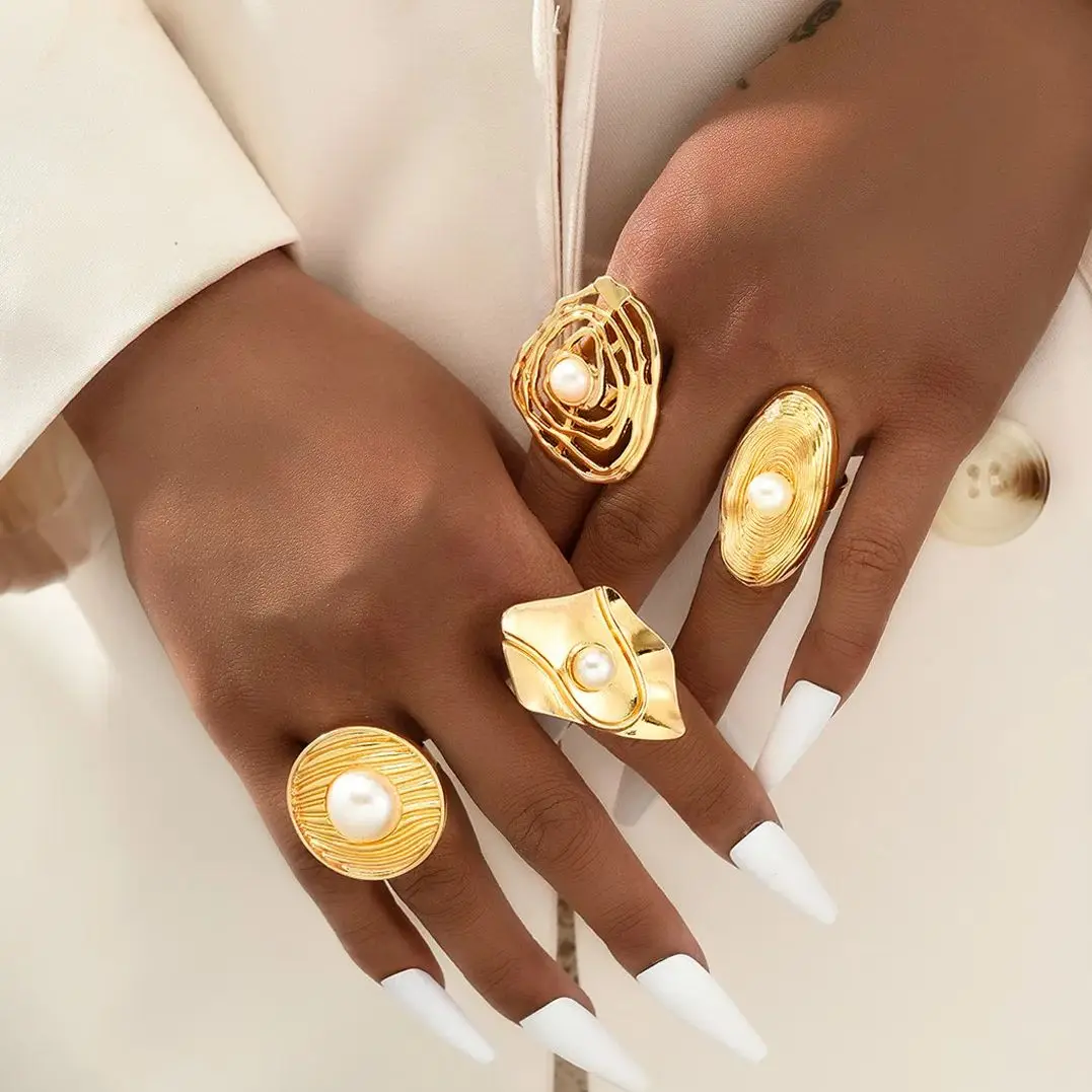 DIEZI 4pcs/Set Korean Imitation Pearl Geometric Hollow Out Knuckle Rings Women Vintage Fashion Gold Color Joint Ring Jewelry