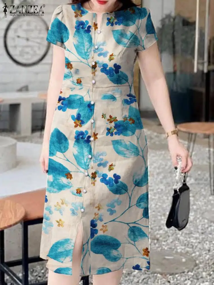 

ZANZEA Vintage Flower Print Sundress Women Bohemian Dress Sweety Short Sleeve Summer Robe Holiday 2024 Buttons Stitching Vestido