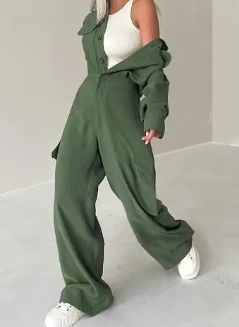 Jumpsuit Kaki Lebar Pinggang Tinggi Kancing Sebaris Kerah Warna Solid Jumpsuit Kancing Modis Gaya Pakaian Kerja Kasual Wanita Musim Panas