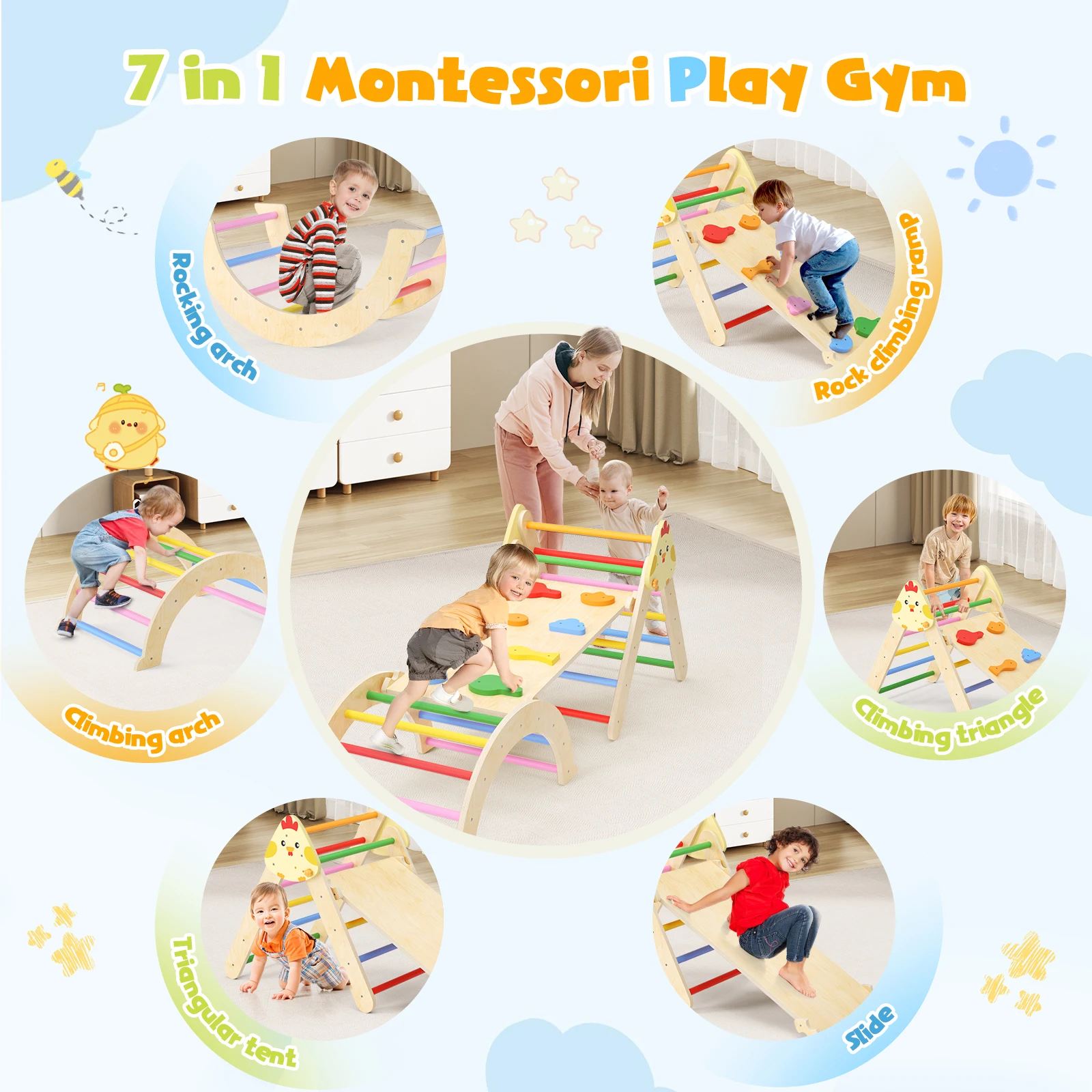 إطار تسلق للأطفال الصغار 7 في 1، ملعب داخلي، صالة الألعاب الرياضية، شريحة خشبية لتدريب الأطفال