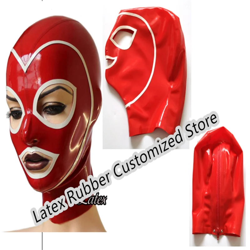 

Unisex Latex Hood Mask Red with White Trim Open Mouth Hole Headgear Headpiece Women Men Full Face Mask Hood