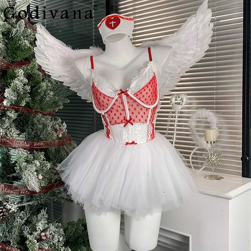 

Sexy Angel Nurse Uniform Cosplay Dress Women's Pure Desire Dating Sweet Dress Female Summer Halloween Party Dress