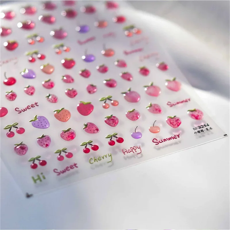 1pcs 5D Jelly Pink Strawberry Cherry Nail Art Sticker Kawaii Mixed Sweet Summer Fruit Adhesive Nail Decoration Slider Decals DIY