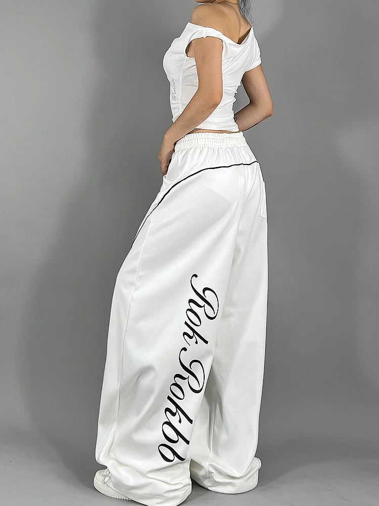 Black Casual Pants Letter Design Street Dance Style Jazz Dance Women's Fashion Brand ROKBBKK Cotton Straight Leg Pants