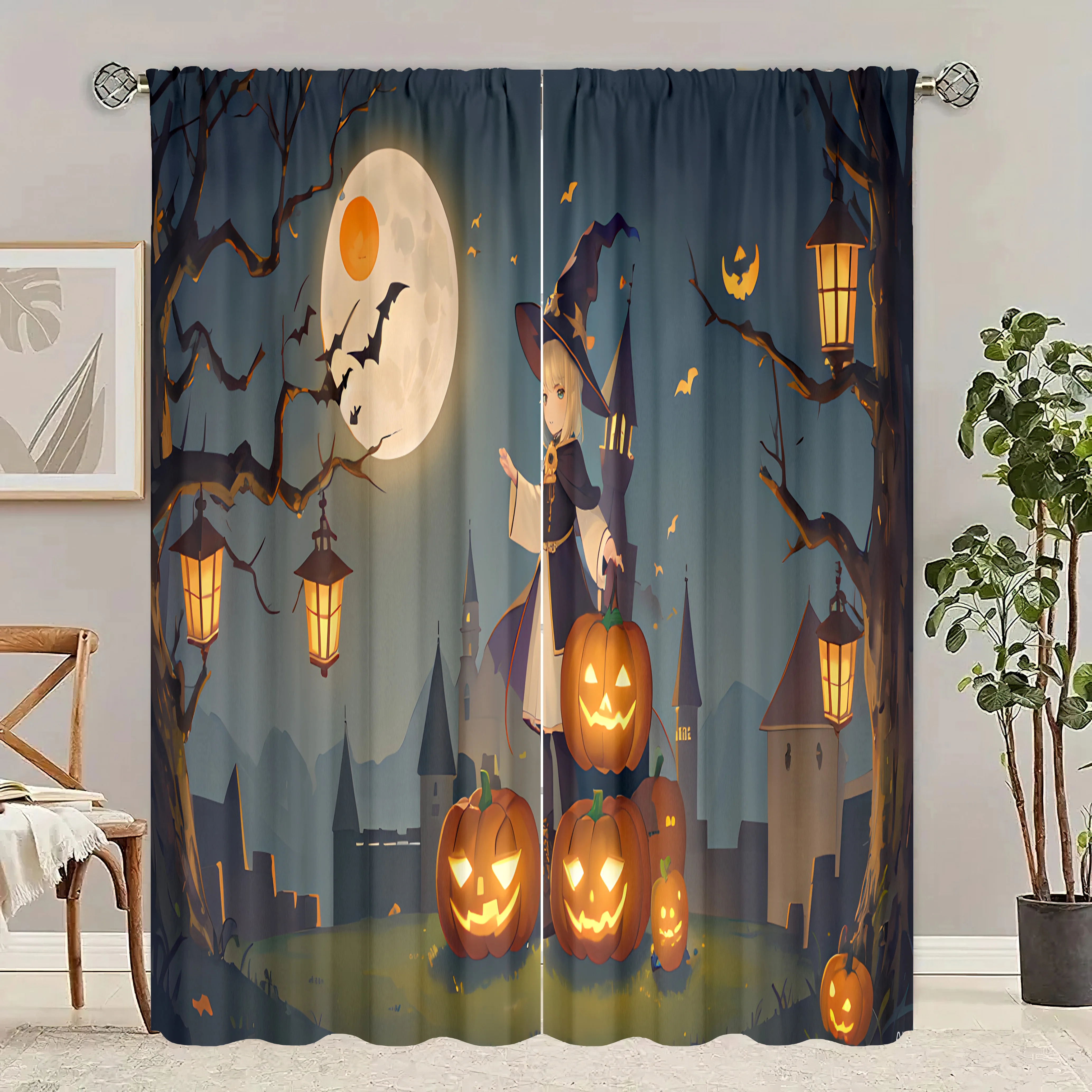 

2 pieces - Halloween - Printed curtain - Polyester material - suitable for bedroom, living room, study private curtain