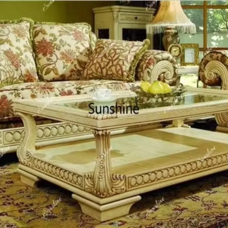 

YEuropean style solid wood ivory white distressed glass coffee table style living room combination cabinet