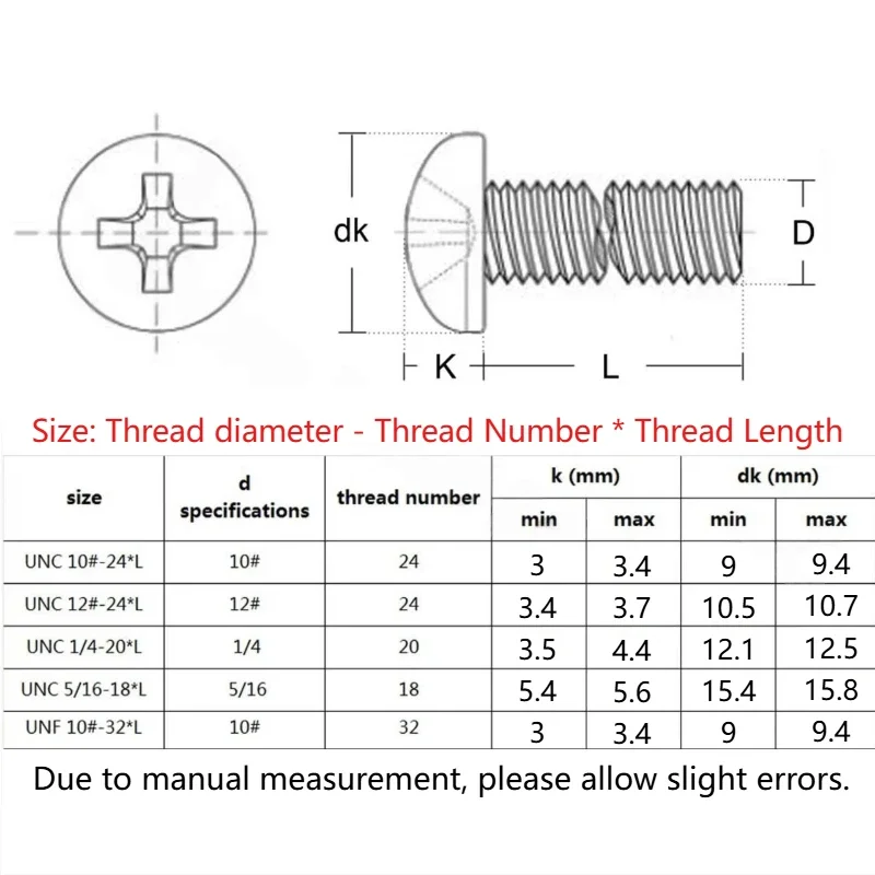 UNC Thread Pan Head Machine Screws 8#-32 10#-24 SUS304 Stainless Steel Cross Phillips Drive Round Head Fixing Bolts