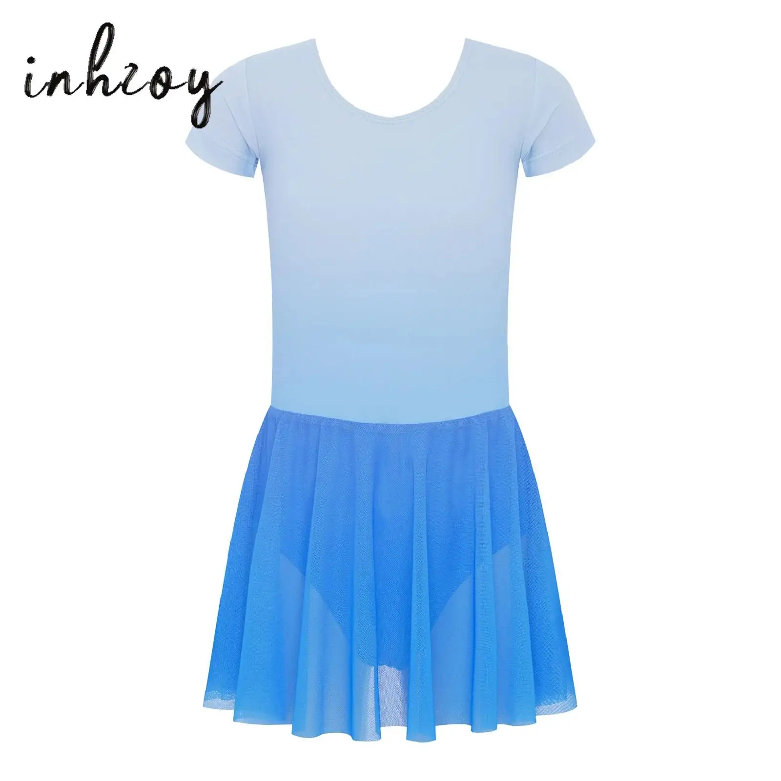 Girl Lyric Gymnastics Ballet Dance Dress Short Sleeve Round Neck Gradient Dress with Built-in Briefs for Ballet Latin Dance Show