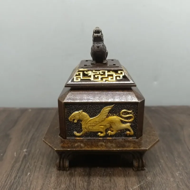 Brass Incense , Chinese Style Home Office Aromatherapy , Vintage Distressed Four Divine Beasts Square Burner, Metal