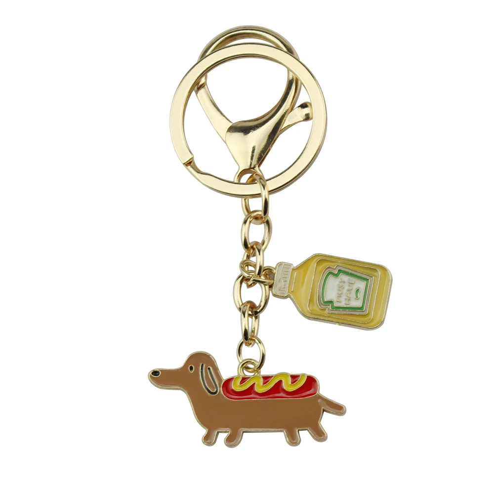 Cartoon Dachshund Keychain Hot Dog Sauce Bottle Key Ring Enamel Key Chains DIY Handmade Souvenir Gifts For Women Men Cay Keys