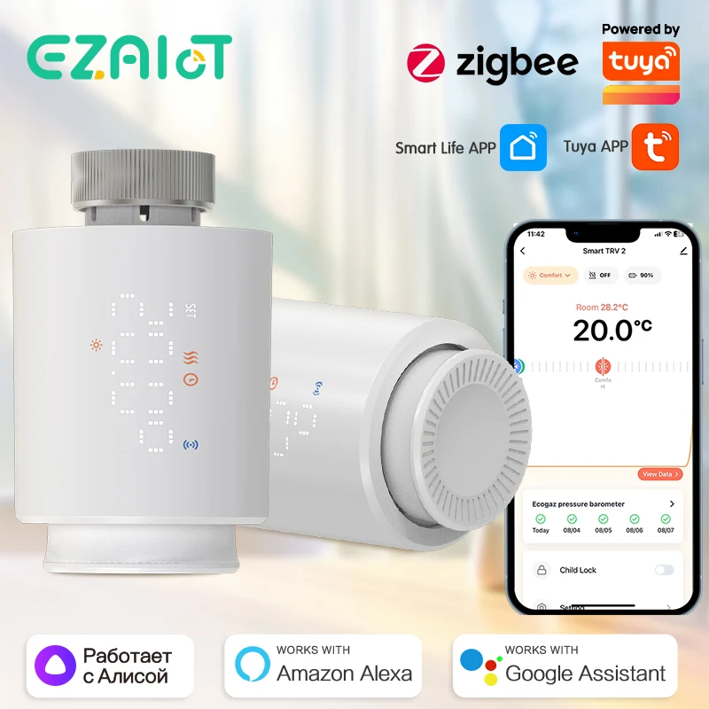 Tuya ZigBee 스마트 온도 조절 라디에이터 밸브, TRV 히터 액추에이터, ECO 원격 온도 컨트롤러, 알렉사 구글 홈과 함께 작동 