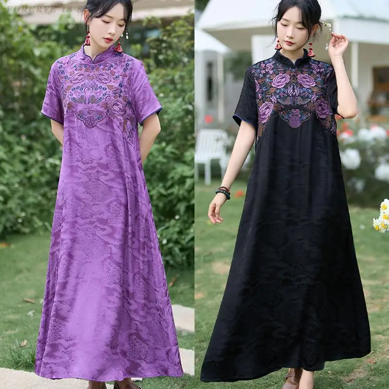 

Летнее платье в этническом стиле: жаккардовое, атласное, с вышивкой, свободного кроя, в стиле чхонсам, улучшенное китайское ретро-ципао, одежда для чайной церемонии в восточном стиле