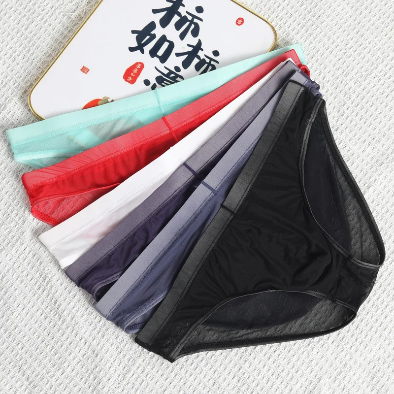 

3 шт./лот, однотонное мужское нижнее белье, шелковые трусы с низкой талией, бесшовные трусики, бикини, мужские эластичные трусы