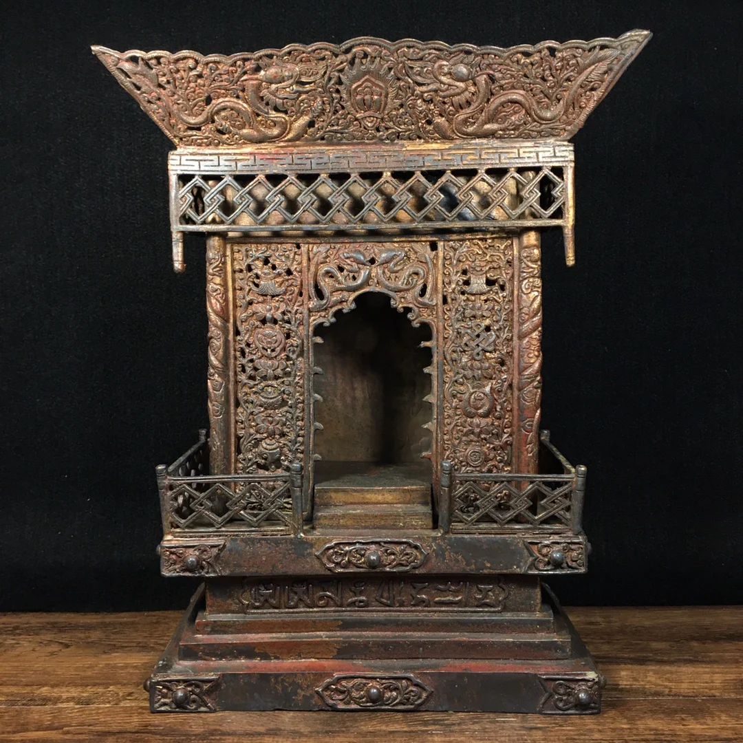 

16"Tibetan Temple Collection Old Bronze Cinnabar Mud gold Buddhist altar Buddhist Nich placement Worship Hall Town house