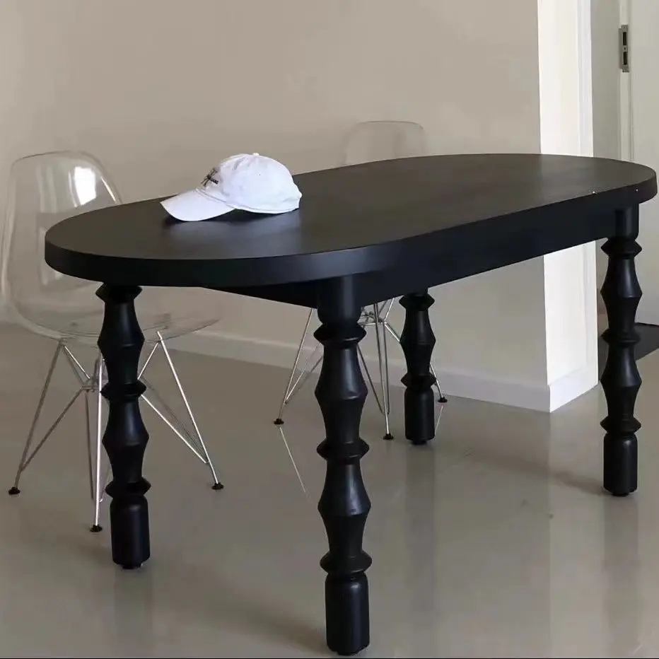 

French all solid wood dining table and chair combination home small oval black table retro online celebrity dining table.