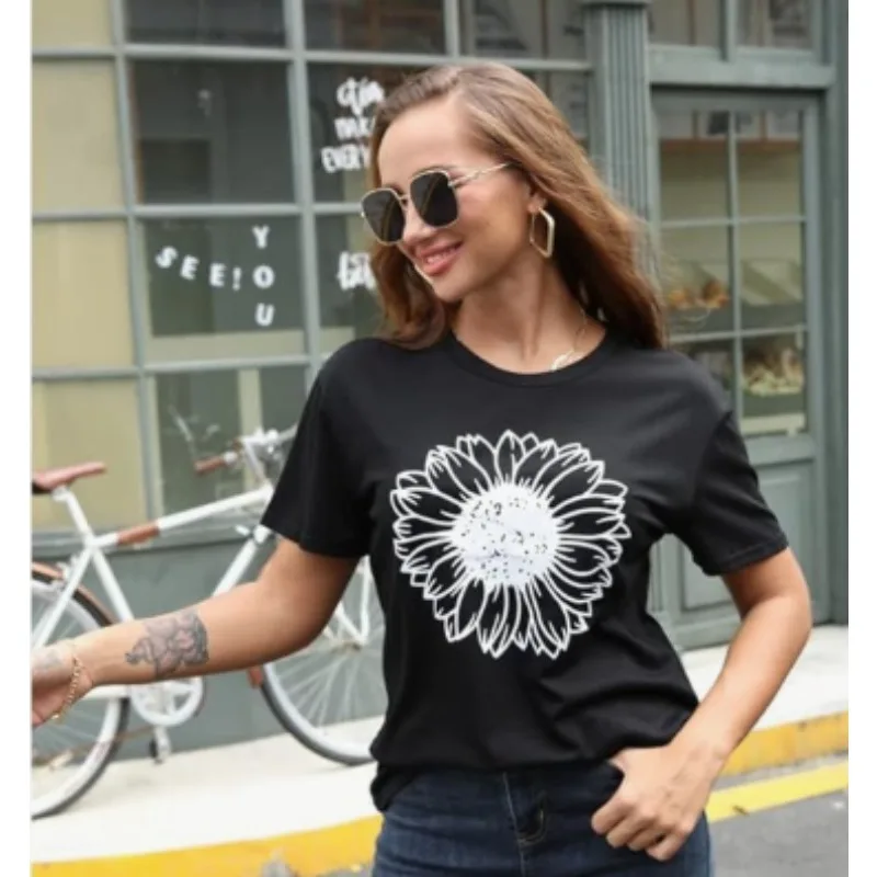 Sommer-Sonnenblumen-T-Shirt für Damen, niedliche Blumengrafik, lockere T-Shirts, Rundhalsausschnitt, kurze Ärmel, lässige Oberteile