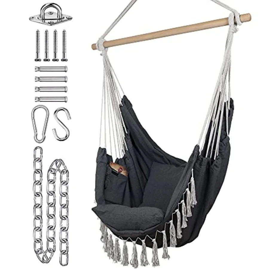 

Hammock Chair - Grey - 60" x 47" - Hanging Rope Swing for Indoor and Outdoor - Soft and Durable Cotton Canvas - 2 Cushions Incl