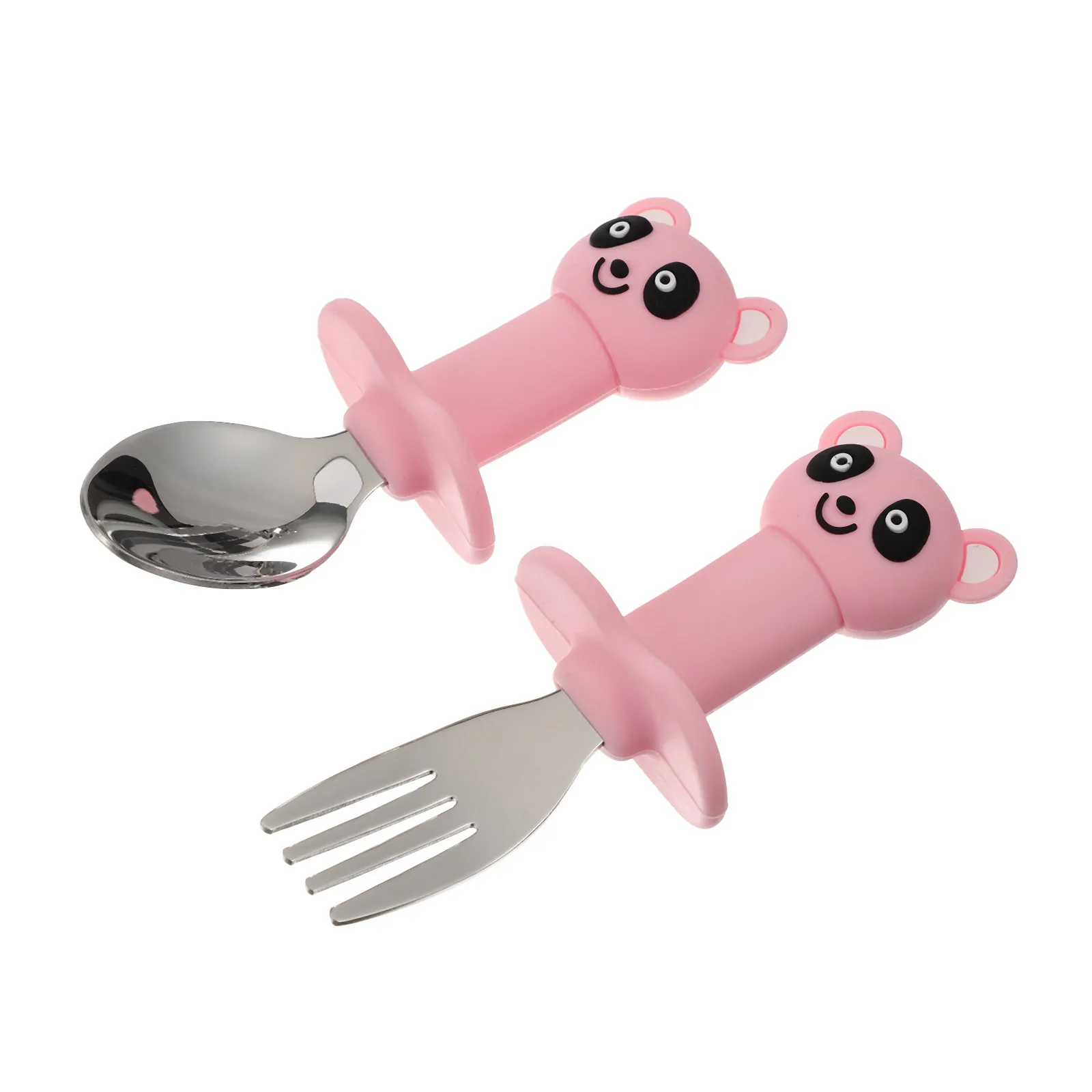 

1Set Baby Training Fork Spoon Set Stainless Steel Silicone Feeding Utensils Short Handle Non Slip Feeding Tableware
