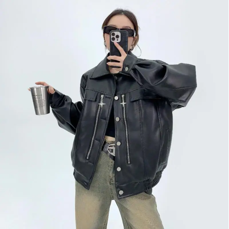 Tawaaiw American Retro Pu Leather Jacket Women Zipper Turn-down Collar Black Streetwear Autumn Winter Loose Outerwear Coats Chic