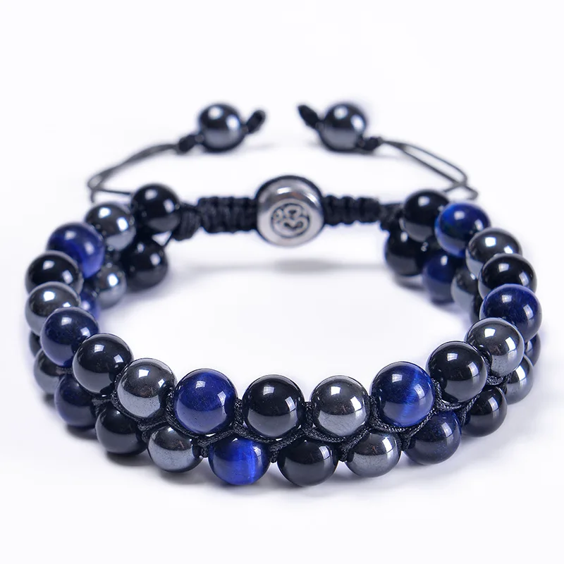 8MM Blue Tiger Eye Stone Black Magnet Bracelet Double Layer Woven Natural Stone Yoga Beaded Bracelet for Men and Women