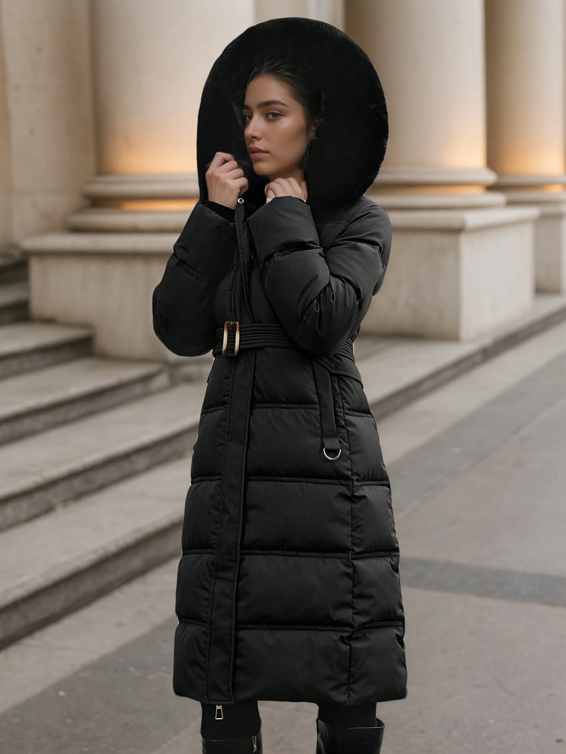 

Women's Autumn/Winter Chic Long Quilted Coat Thick Hooded Plain Long Sleeve Casual Jacket Christmas Outfit