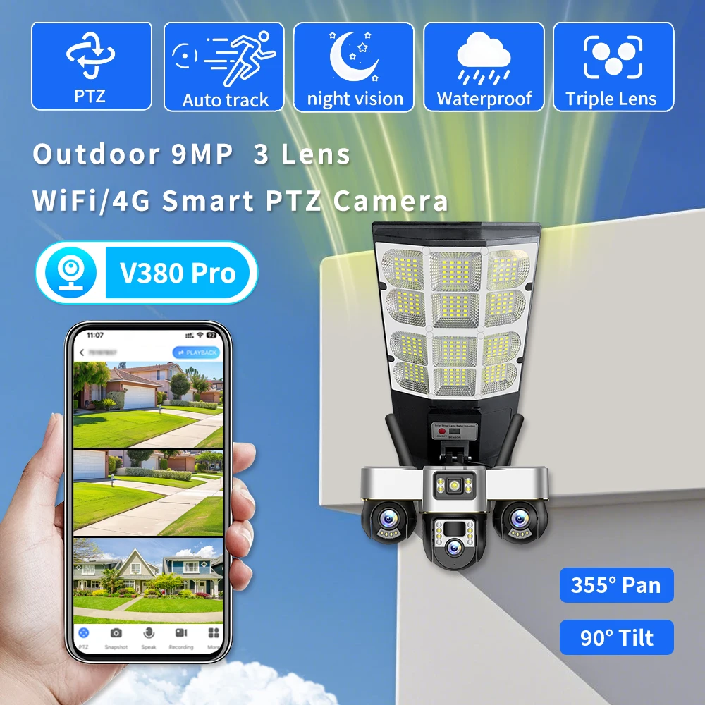 4G WiFi Outdoor Solar Wireless Triple Lens PTZ Security Camera IP66 Waterproof Built‑in Siren Two‑Way Audio Surveillance Camera