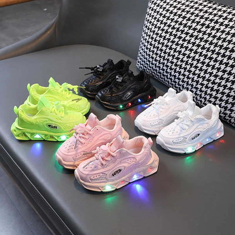 2023 Boys New Cartoon Sneakers Children Baby  Spring Breathable Mesh LED Luminous Sports Shoes Kids Casual Autumn Light Up Shoes