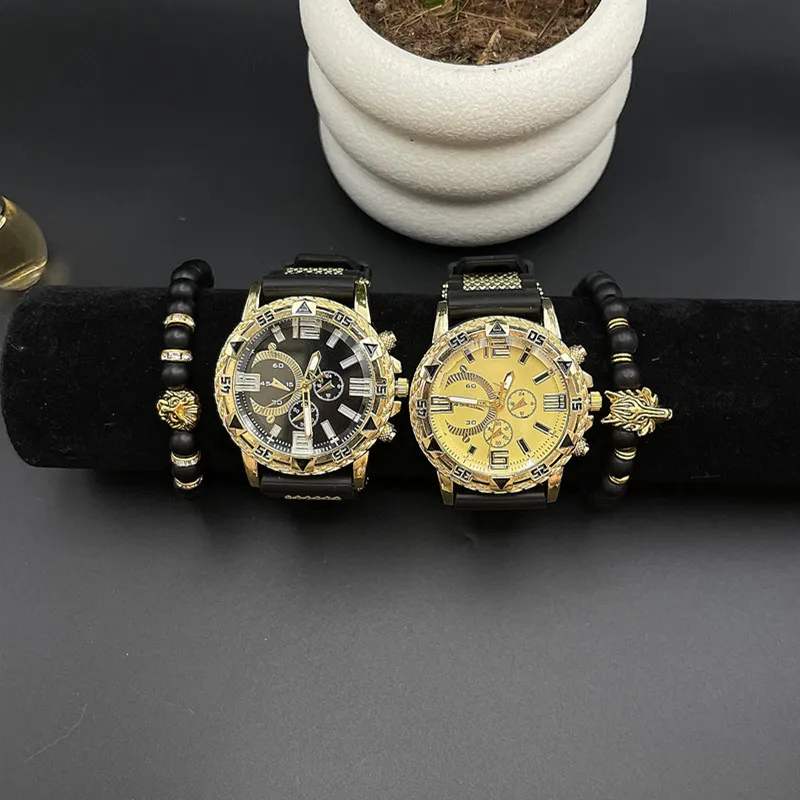 

3Pcs Men's watches new hot fake three-eye quartz large gold watch fashion luxury business beaded hundred sets