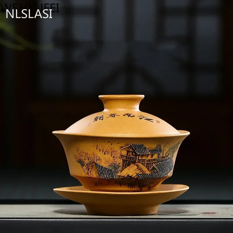 

NLSLASI Yixing Purple Clay Gaiwan Zisha Teaset Chinese Teaware Tureen Lid Bowl Saucer Tea Brew Tea Cup Customized Gift 130ml