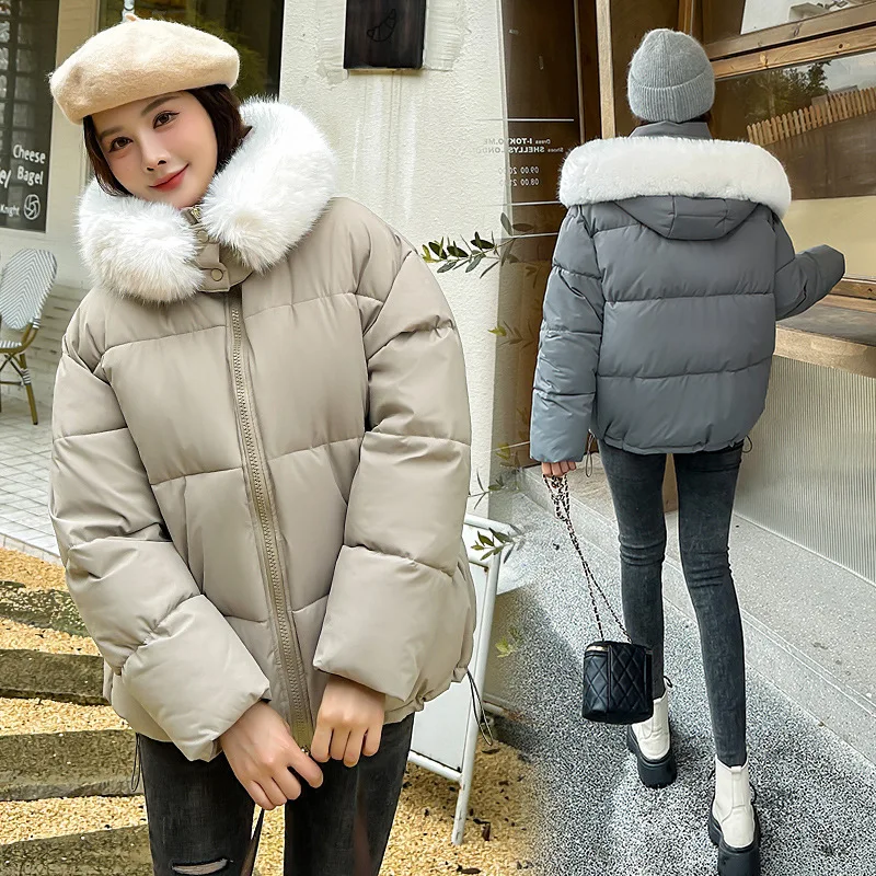 Women\'s Padded Hooded Short Jacket, Casual Glossy Coat, Warm Cotton Parkas, Fur Collar, Thick, Solid, Winter