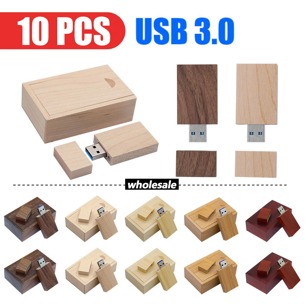 

10Pcs/lot Block Wooden USB 3.0 Flash Drive Red Wood Pendrive 4GB 8GB 16GB 32GB 64GB Memory Stick U Disk（Free customized logo）