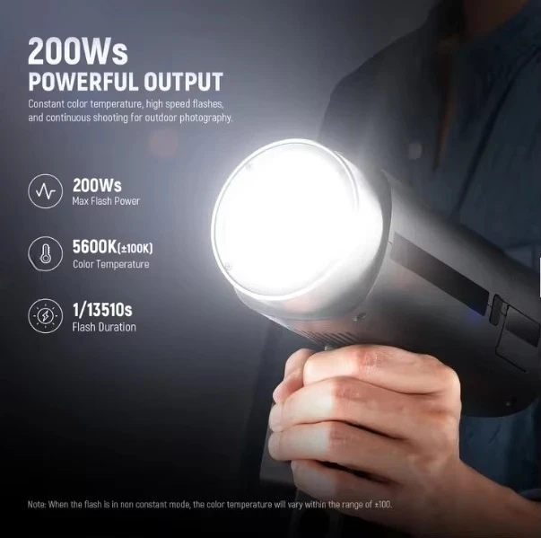 Q200 200Ws 2.4G Outdoor Flash with App Control with built in cooling fans for stable performance