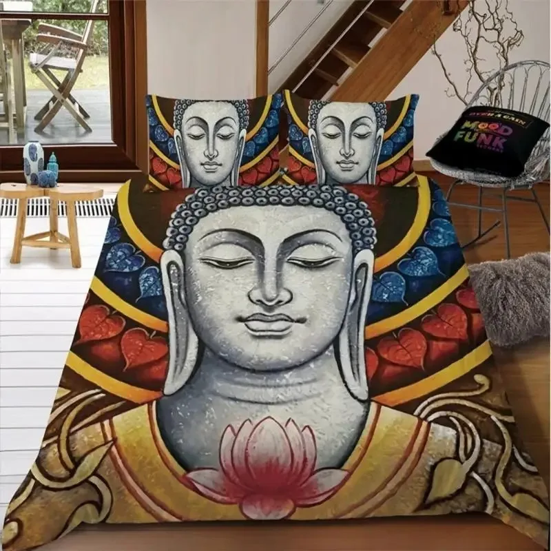 Buddha Duvet Cover Set Colorful Stone Buddha Face Twin Bedding Set For Teens Adults Queen King Double Size Polyester Quilt Cover