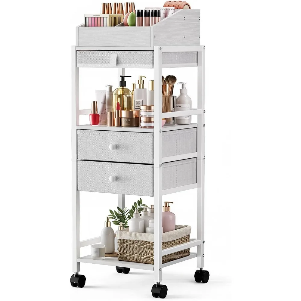 

Makeup Organizer Cart with Drawers, Skincare Storage Vanity Holder for Cosmetics Hair Tools, White