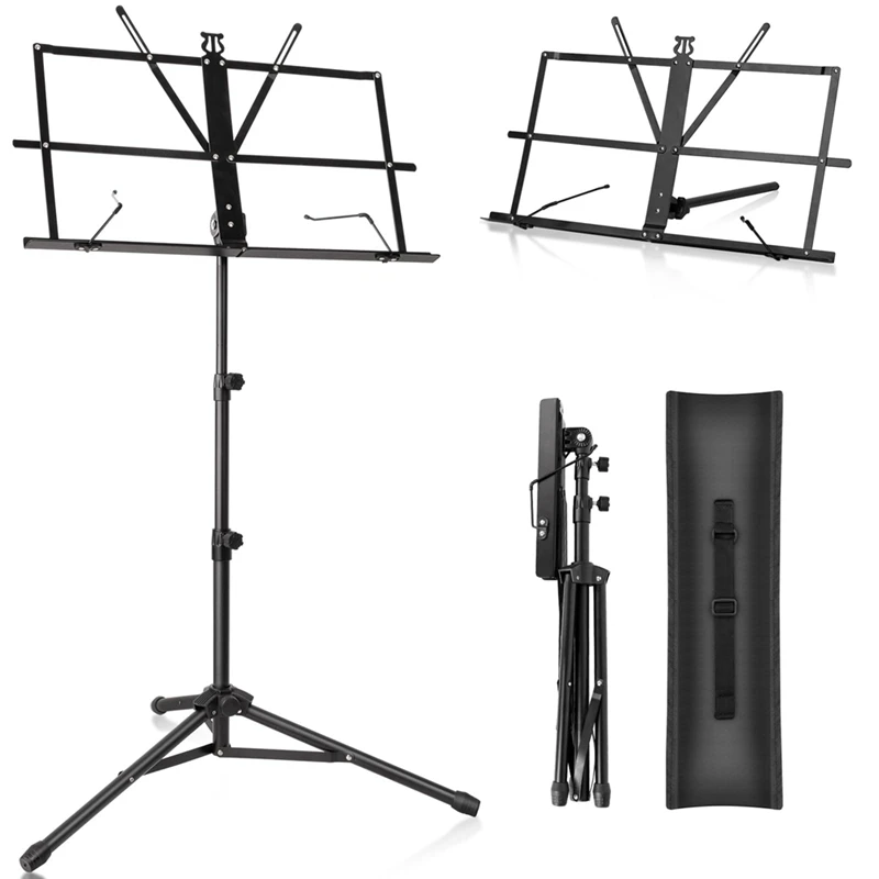 

Metal Sheet Music Stand Portable, Adjustable Podium Stand With Tripod Base And Sheet Music Folder, Easy To Use Durable - Black