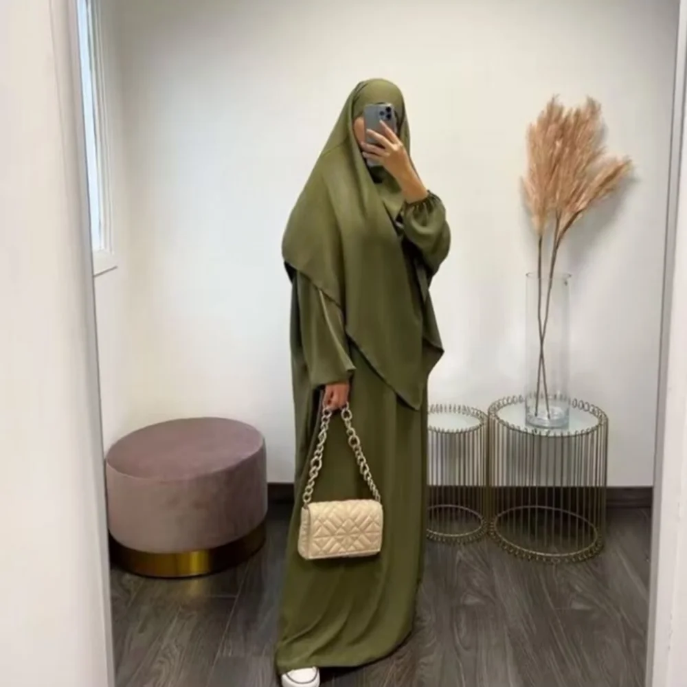 Jilbab Oração Roupas Mulheres Ramadan Islâmico Jilmb 2 Peças Set Dubai Turco Modesto Outfit Layered Khimar Cachecol Hijab + Vestido Longo