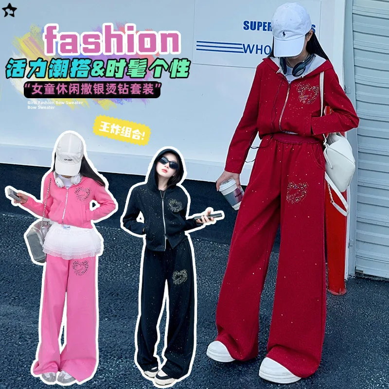

Teenager Girls Autumn Knit Tracksuit Pink Sparkle Rhinestone 2-Piece Set, Long-Sleeve Hoodie & Joggers, Casual Sportswear 4-14Y