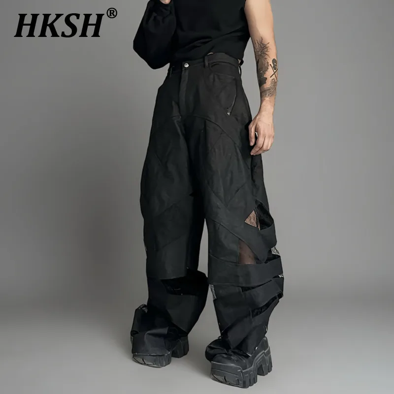 HKSH Spring Autumn New Men Tide Waste Land Stylish Deconstructed Hollow Out Spliced Jeans Silhouette Wide Leg Denim Pants HK4037