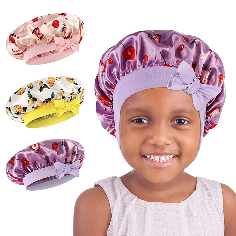 New Wide Band Kids Satin Bonnet Sleep Cap Silky Bonnet for Curly Hair Boy Girls Adjustable Sleep Night Cap Baby Bow HeadWrap