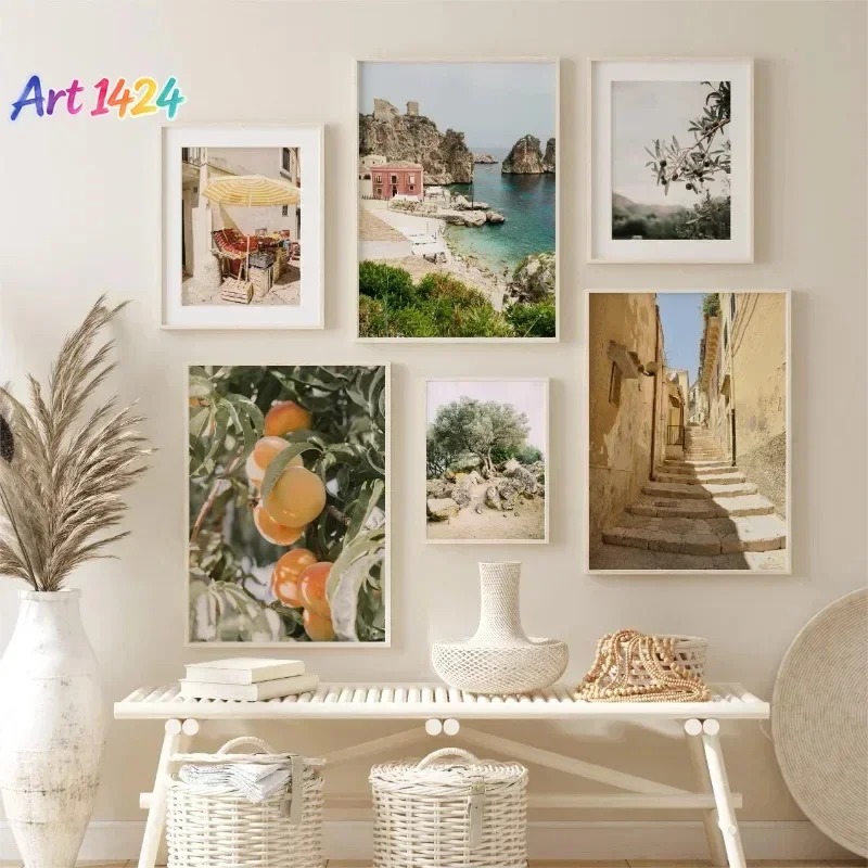 Italy Sicily Mediterranean Coast Posters Modern Landscape Posters and Prints Canvas Painting Decor Living Room Home Decoration