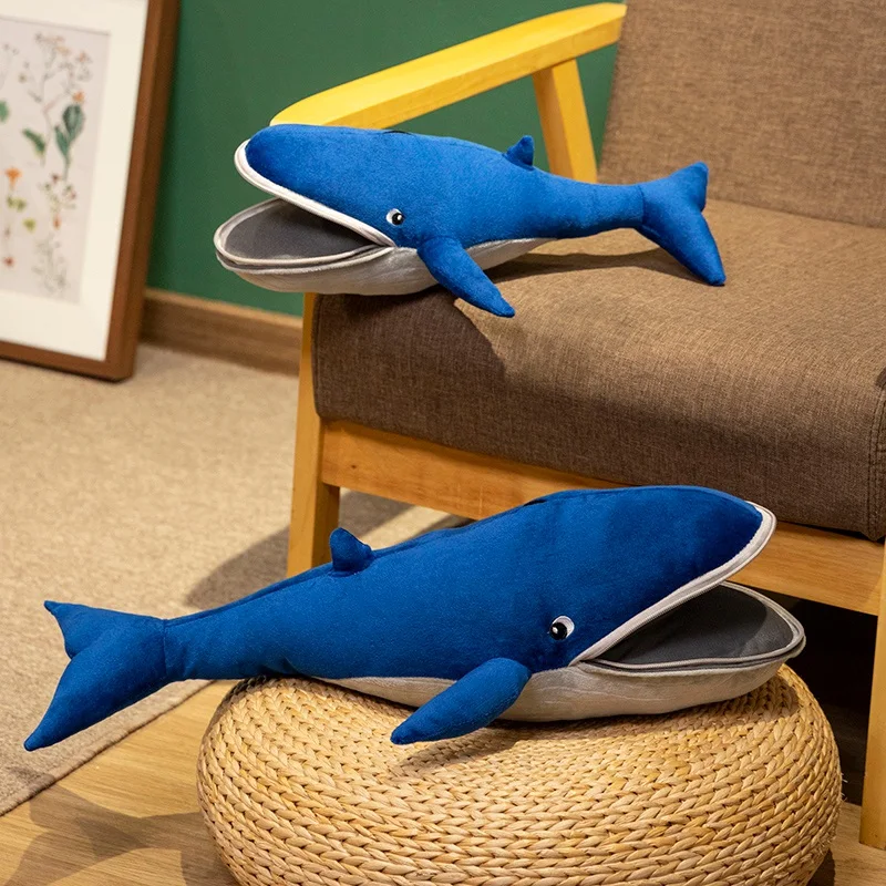 Funny Cartoon Biting Blue Whale Plush Toys Soft Stuffed Zipper Opening Mouth Whale Doll Cute Marine Animal Toys For Children