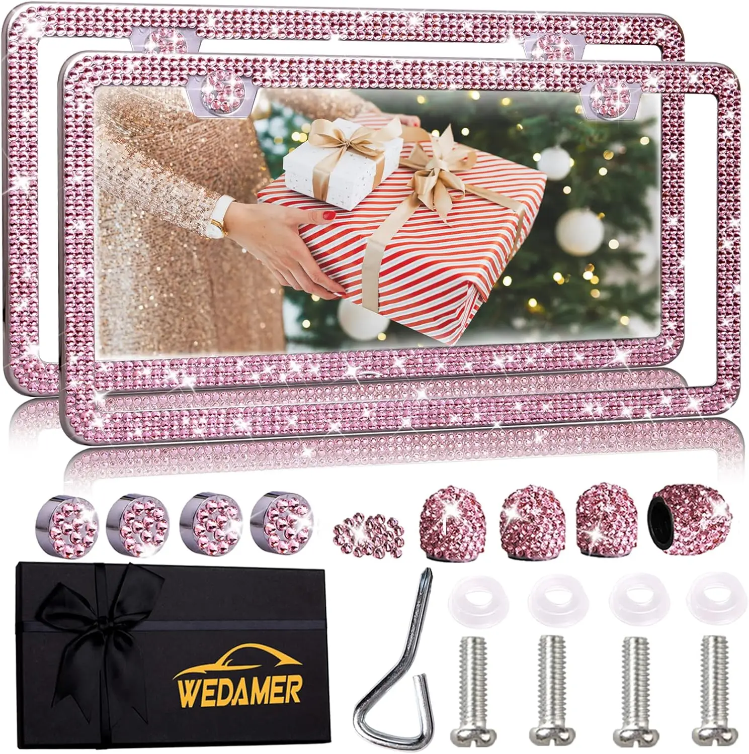 

Pink Sparkly Rhinestone License Plate Frame with Diamond Glitter and Bling Tire Valve Caps, 2-Pack for Women