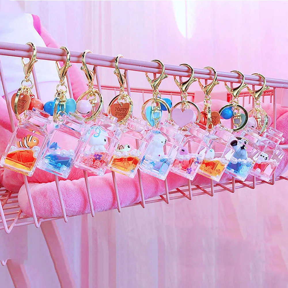 Cartoon Creative Gifts For Women Accessories Moving Liquid Marine Resin Key Ring Car Pendant Bag Charm Keychain